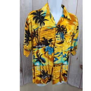 Body Club Men L Hawaiian 100% Rayon Short Sleeve Button Up Shirt Barbados Sunset
